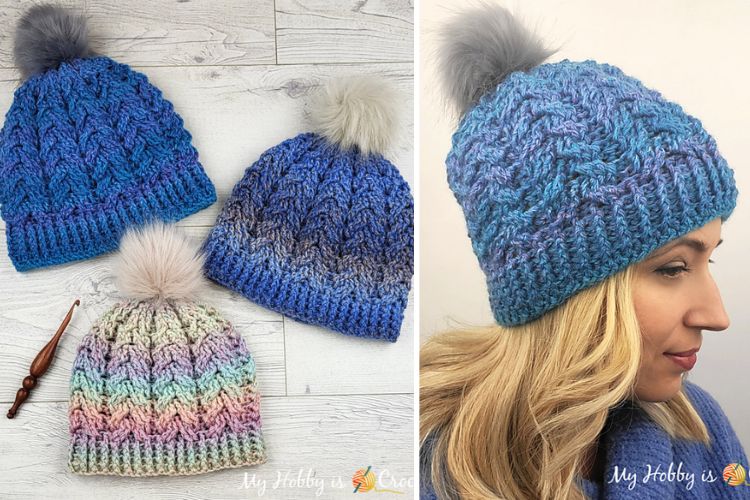 Two pictures of a woman wearing a crocheted hat with a pom pom.