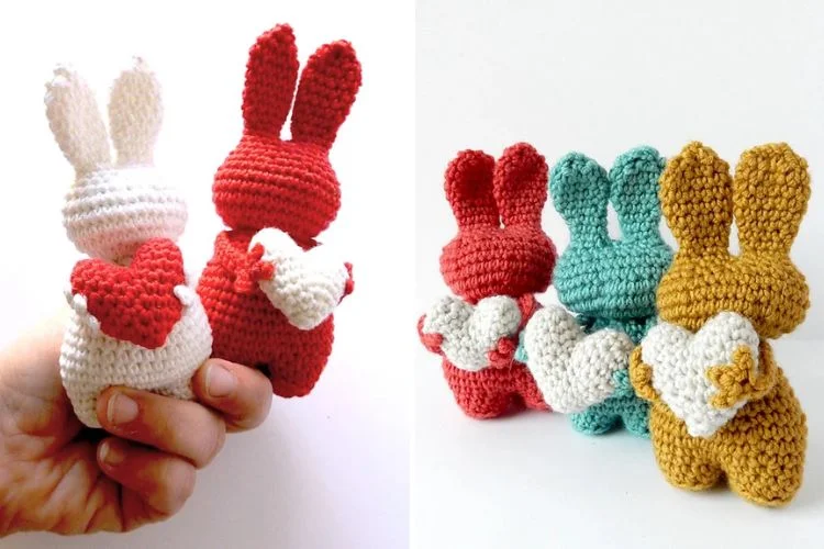 A crocheted bunny holding a heart.