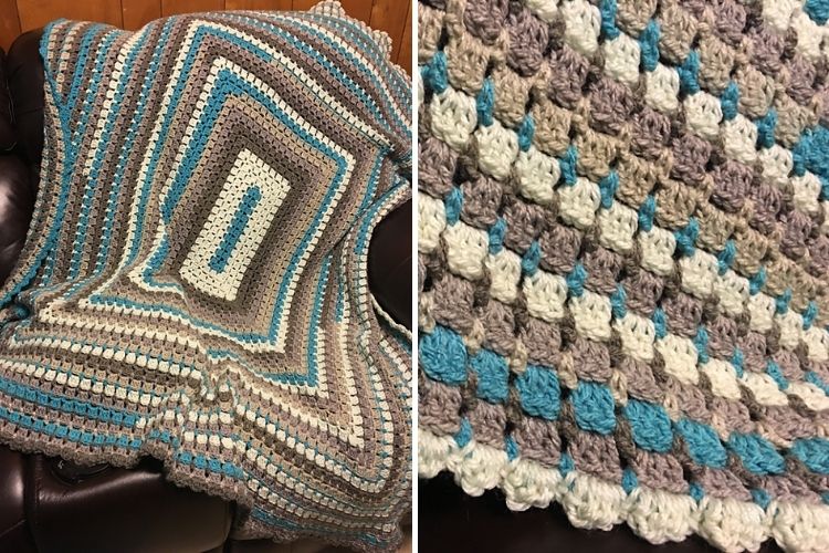 Two pictures of a crocheted afghan on a chair.