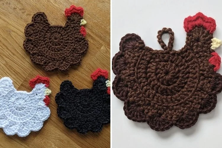 A crocheted rooster on a wooden table.