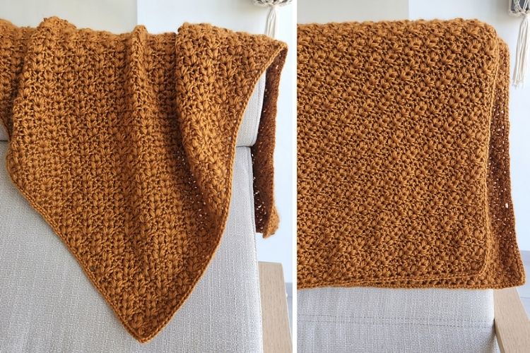 Two pictures of a brown knitted blanket on a chair.