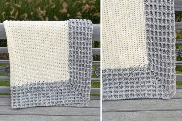 Two pictures of a crocheted blanket on a bench.