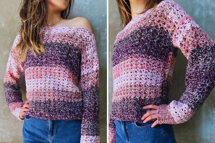 A woman wearing a pink and purple crocheted sweater.