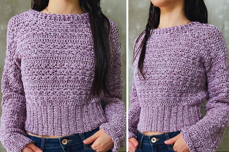 Two pictures of a woman wearing a purple crocheted sweater.