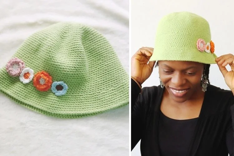 Two pictures of a woman wearing a green crocheted hat.