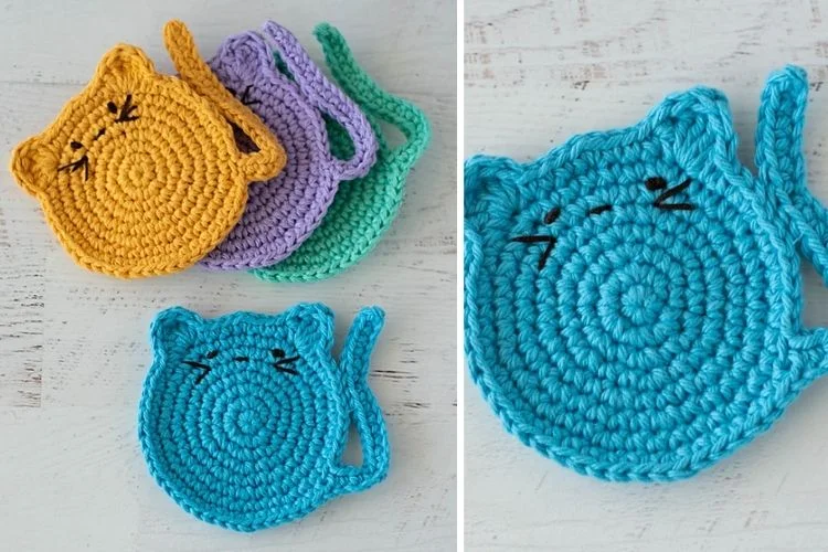 Crocheted kitty purses in different colors.