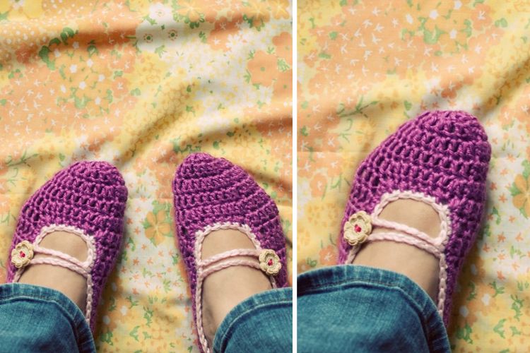 Two pictures of a person wearing purple crocheted slippers.