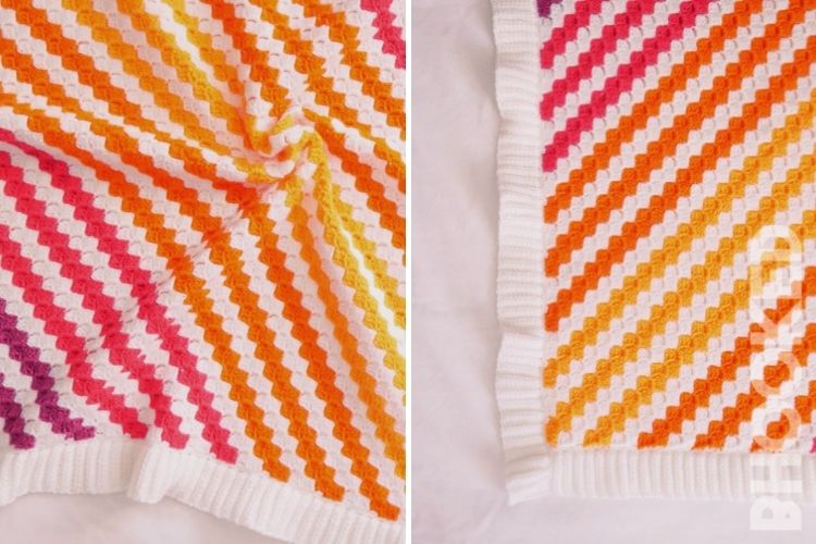 Two pictures of a colorful crocheted blanket.