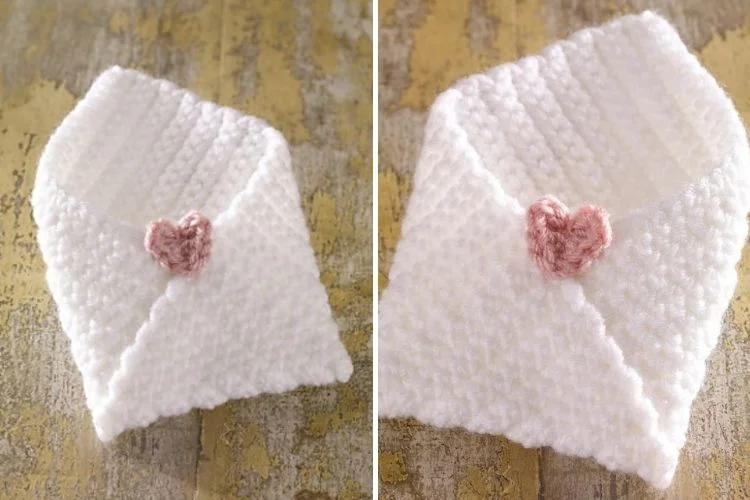 Two pictures of a crocheted envelope with a pink heart on it.