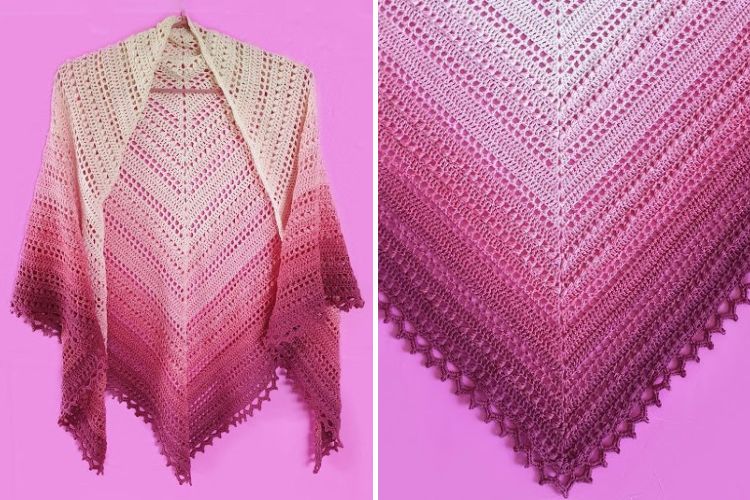 A pink and white shawl hanging on a pink background.