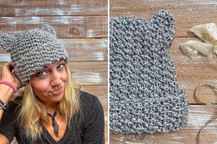 Two pictures of a woman wearing a knitted hat.