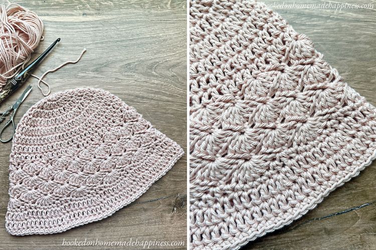 Two pictures of a pink crocheted hat.