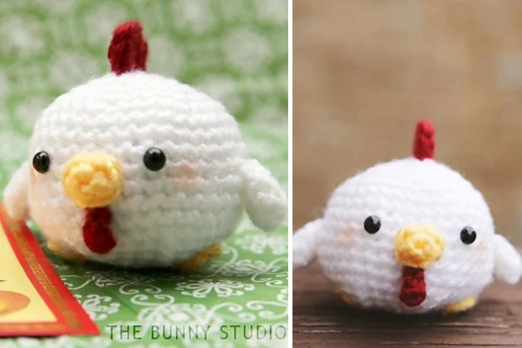 A photo of a crocheted chicken and a card.