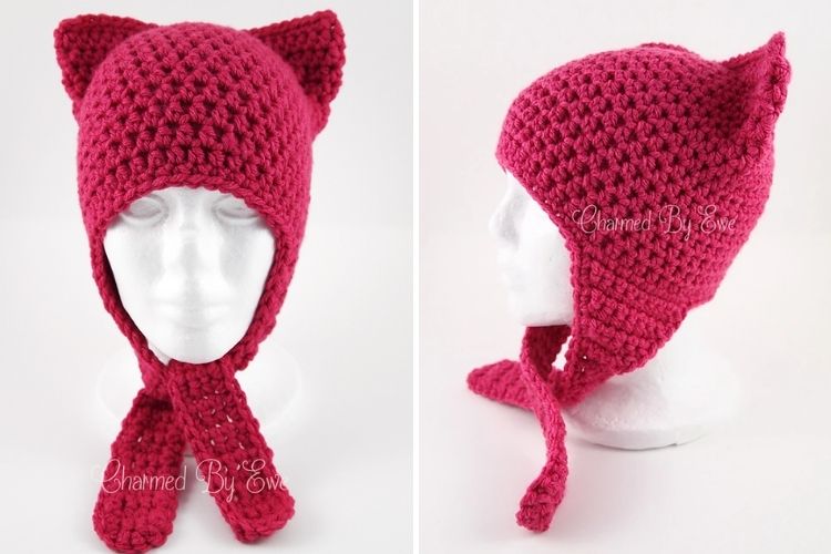 Two pictures of a crocheted cat hat.