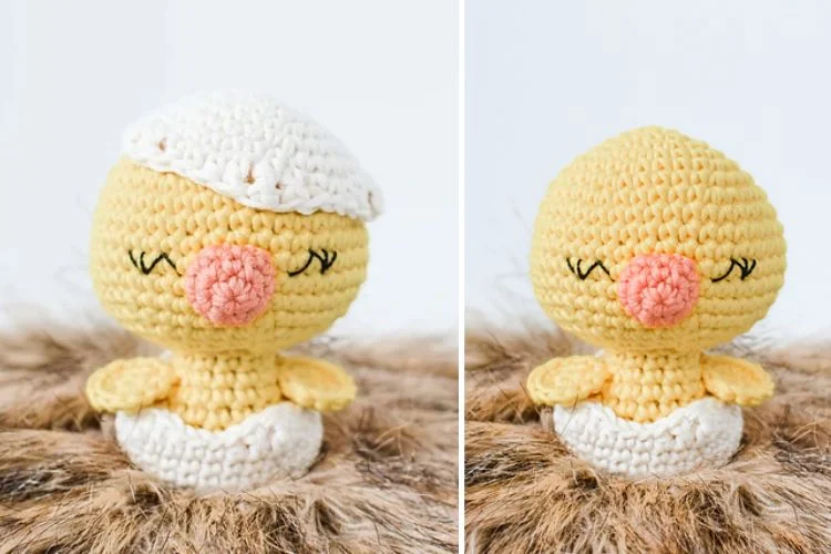 Two pictures of a crocheted chick.