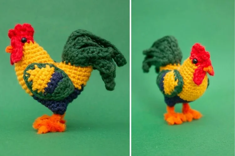 A crocheted rooster is shown next to another crocheted rooster.