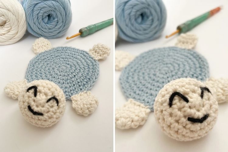 Two pictures of crocheted turtles next to yarn and crochet hooks.