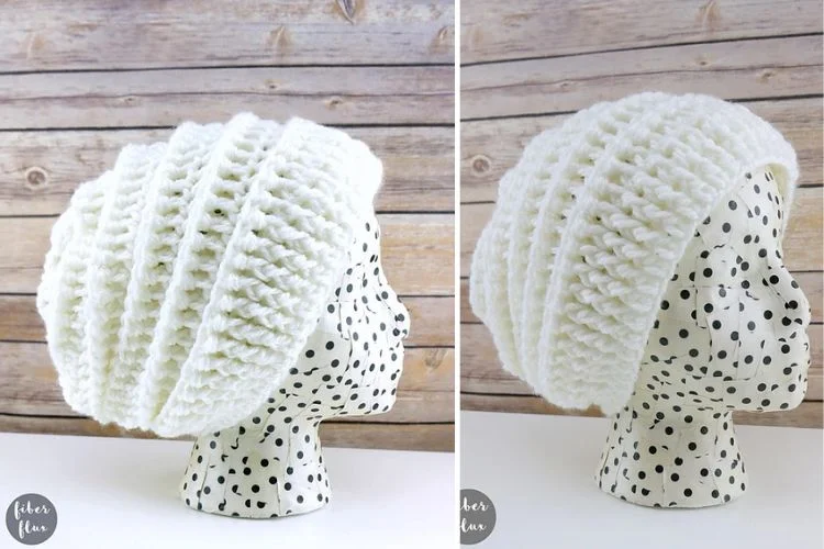 Two pictures of a white crocheted snood hat.