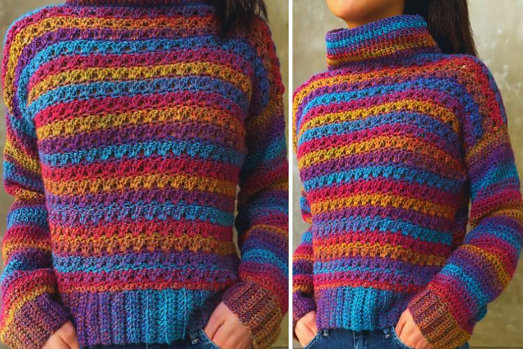 A woman wearing a colorful knitted sweater.