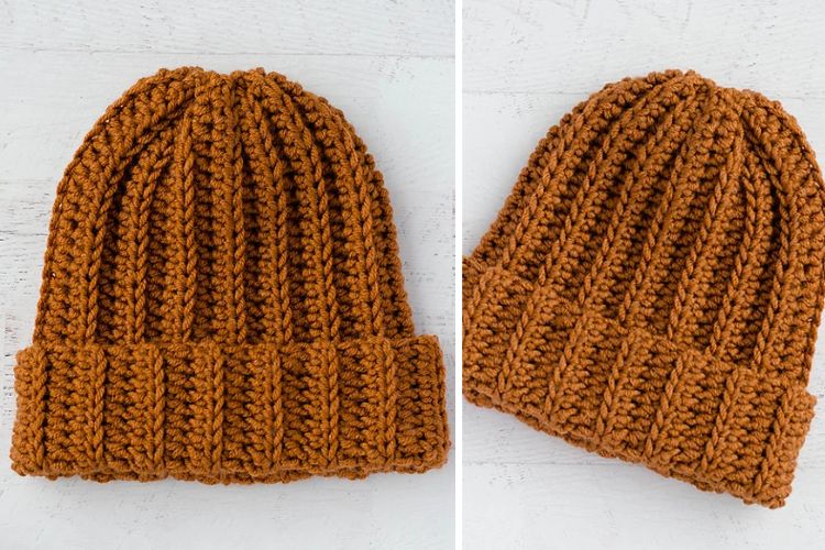 Two pictures of a knitted beanie.