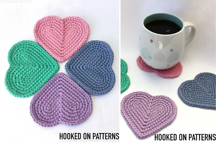 Crocheted heart coasters with a cup of coffee.