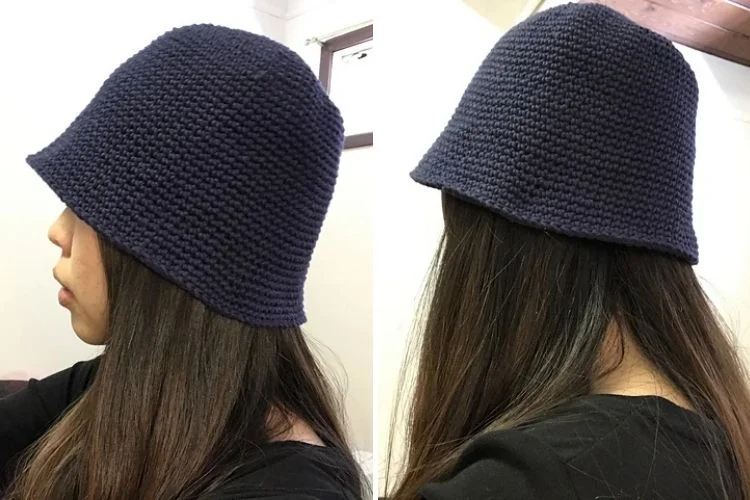 Two pictures of a woman wearing a knitted hat.