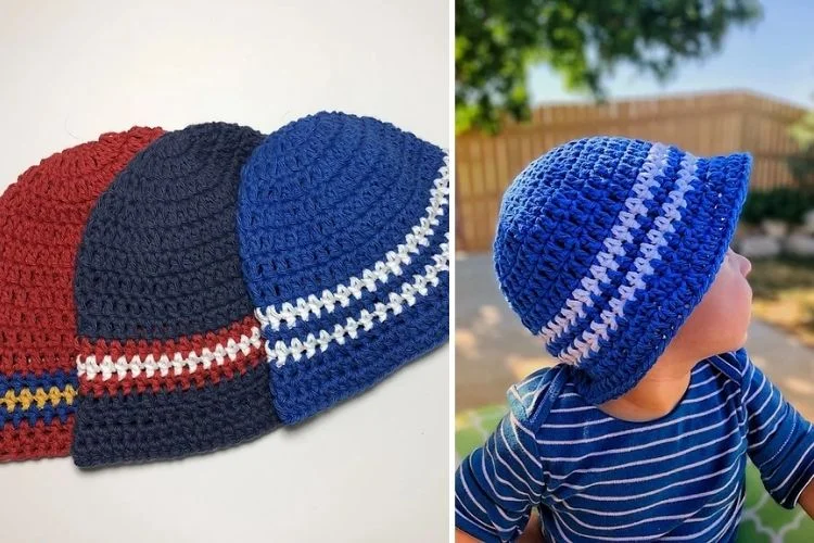 Two pictures of a baby wearing a crocheted hat.