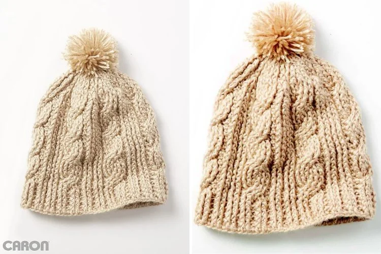 Two pictures of a knitted beanie with a pom pom.