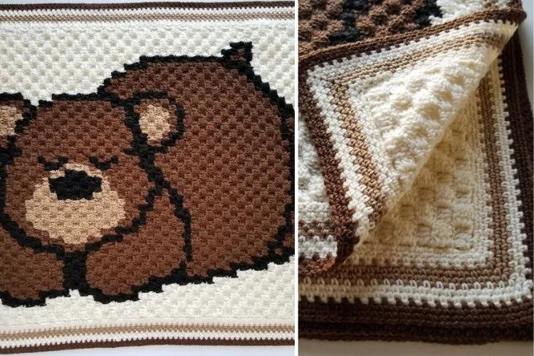 A brown and white crocheted blanket with a bear on it.