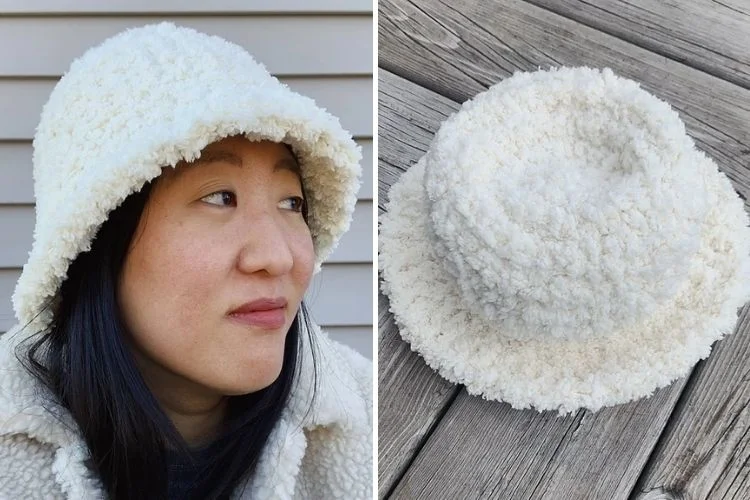 Two pictures of a woman wearing a white hat.