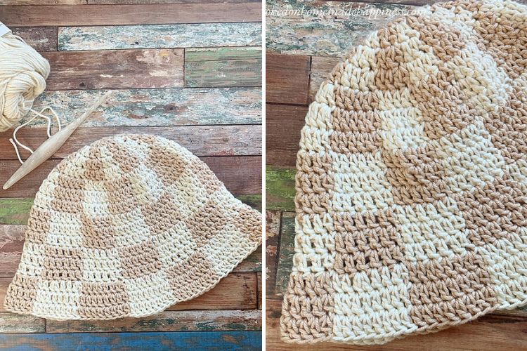 Two pictures of crocheted hats on a wooden table.