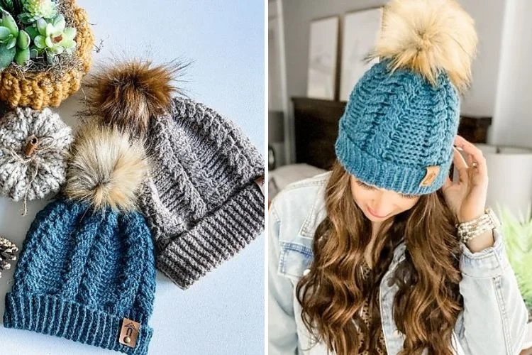 Two pictures of a woman wearing a beanie with a pom pom.