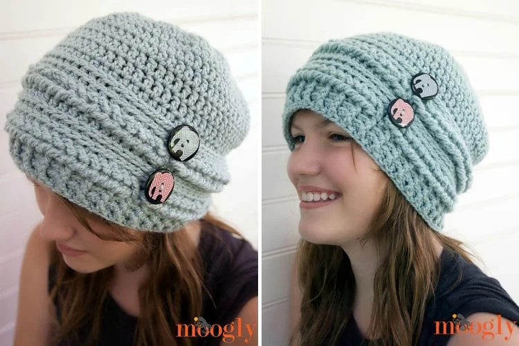 Two pictures of a young girl wearing a crocheted hat.