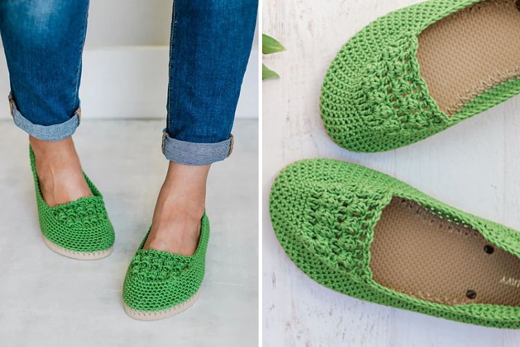 A pair of green crocheted slippers and a pair of jeans.