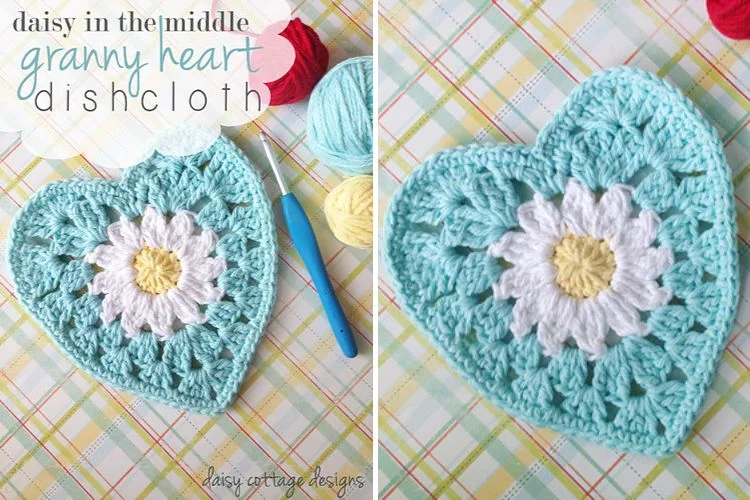 Daisies in the middle of the granny heart dishcloth.