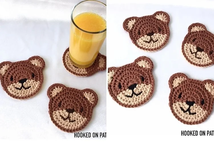 Crocheted teddy bear coasters.