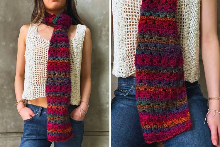 Two pictures of a woman wearing a crocheted scarf.