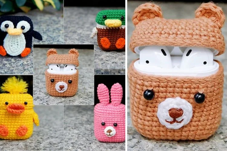 Crocheted airpods case with stuffed animals and penguins.