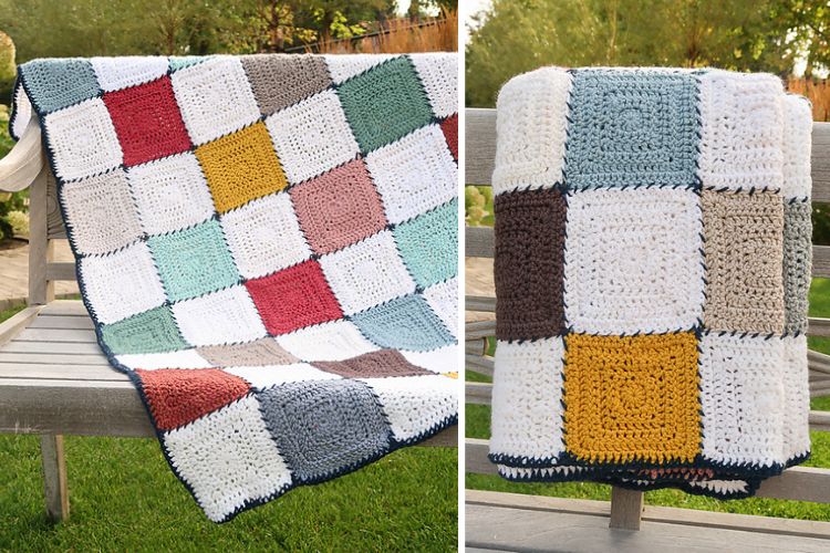 Two pictures of a crocheted afghan on a bench.