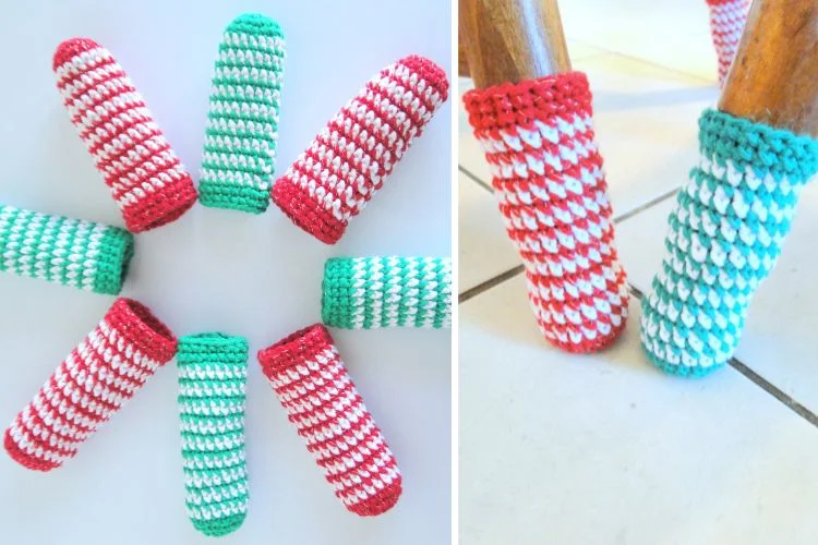 A pair of crocheted christmas leg warmers on a wooden chair.