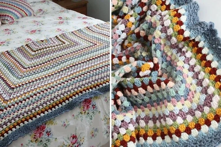 Two pictures of a crocheted blanket on a bed.