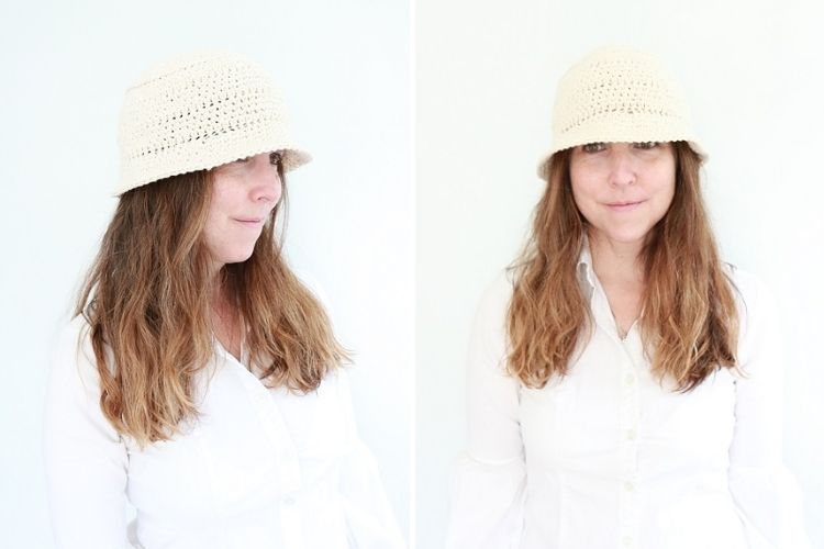 Two pictures of a woman wearing a crocheted hat.