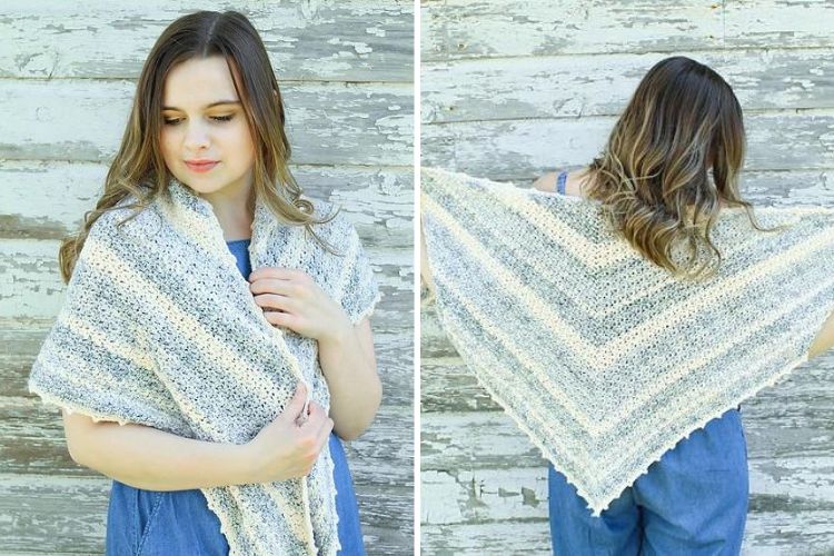 Two pictures of a woman wearing a crocheted shawl.