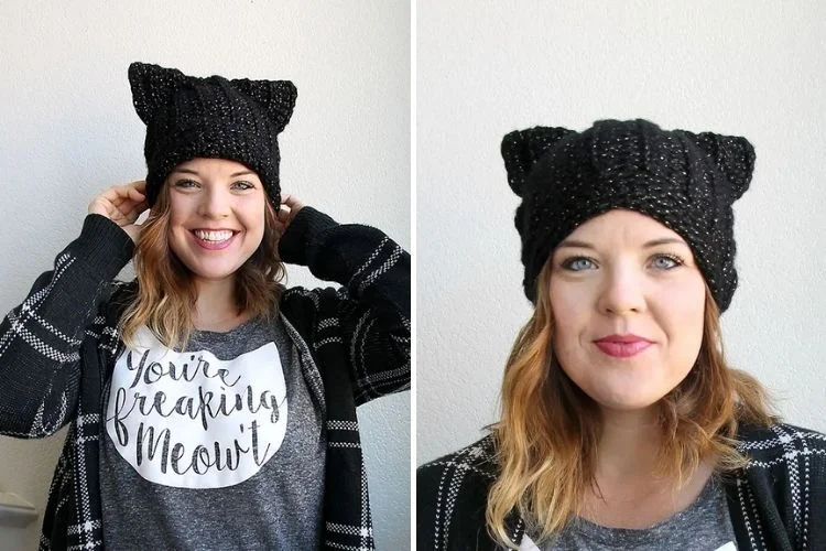 Two pictures of a woman wearing a black cat hat.