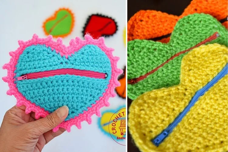 Crocheted heart shaped pouches with zippers.