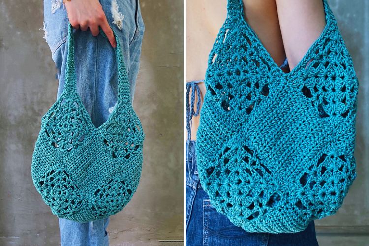 Two pictures of a woman holding a crocheted bag.