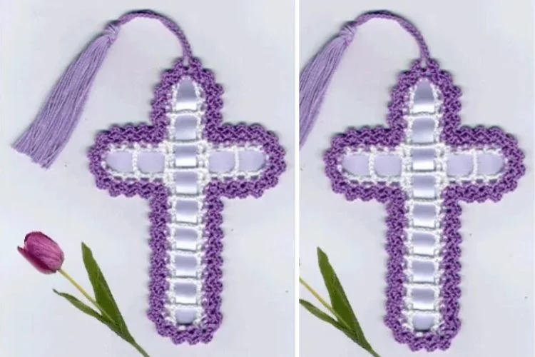 Two pictures of a purple crocheted cross with a tassel.