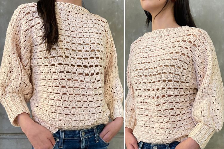 Two pictures of a woman wearing a crocheted sweater.