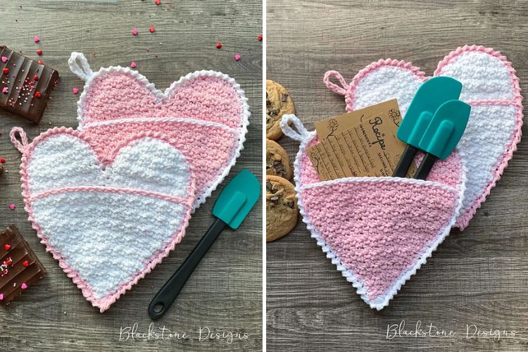 Two pictures of crocheted heart shaped pot holders.