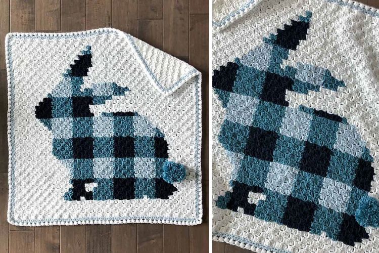 A crocheted blanket with a bunny on it.